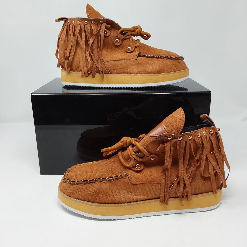 Women's Fringe Moccasin Ankle Boots Brown Suede Lace Up EU 37 US 6.5 Boho